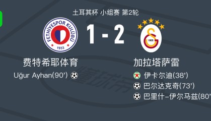 加拉塔萨雷2-1费特希耶体育，巴里什-伊尔马兹替补传射，巴尔达克奇破门